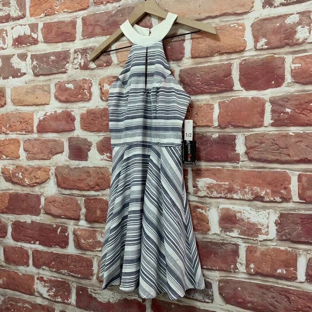 Teeze Me Mini Dress Junior's White Blue Striped Casual Halter Sleeveless
